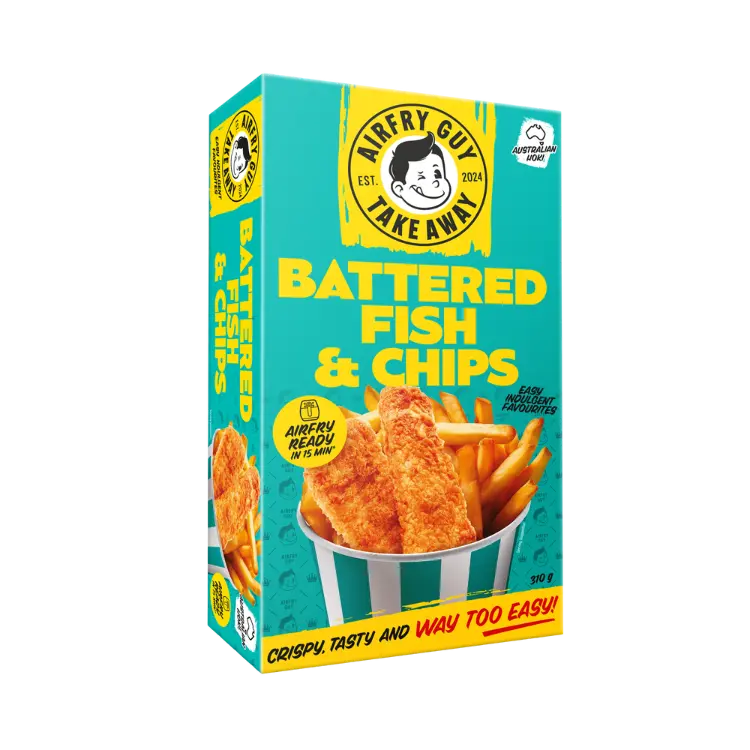 Air Fry Guy Battered Fish & Chips frozen meal packaging