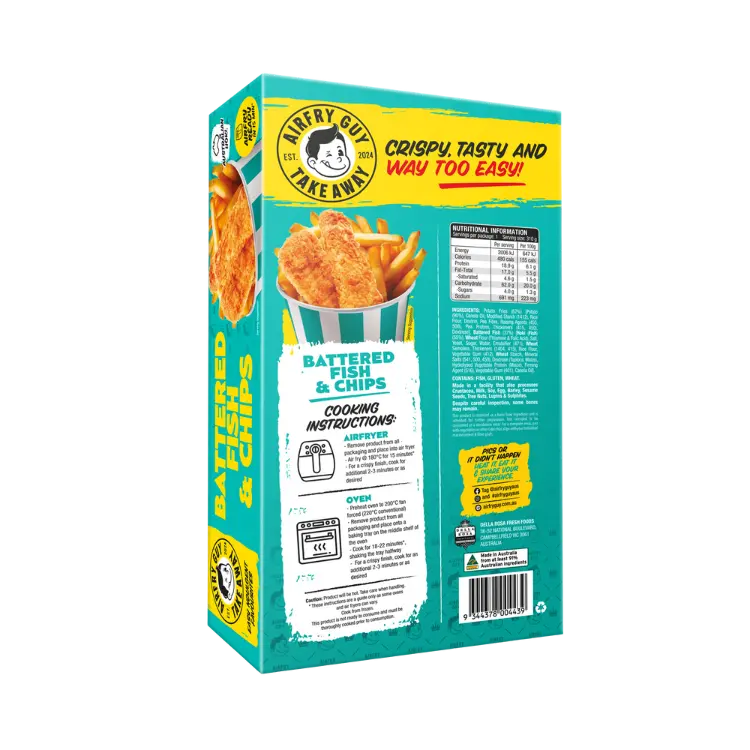 Air Fry Guy Battered Fish & Chips frozen meal packaging back of pack with cooking instructions and nutrition info
