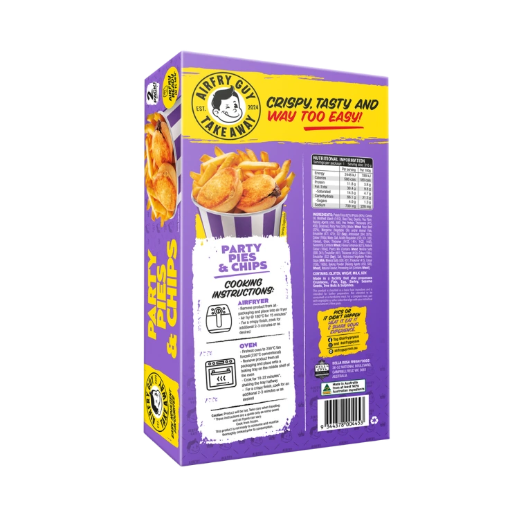 Air Fry Guy Party Pies & Chips frozen meal packaging back of pack with cooking instructions and nutrition panel