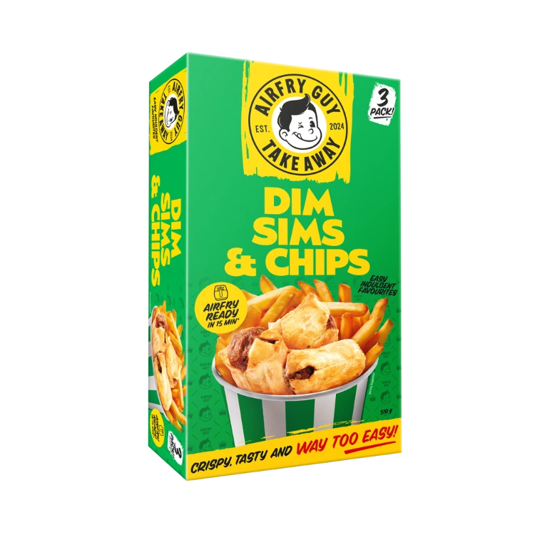 Air Fry Guy Dim Sims & Chips frozen meal packaging