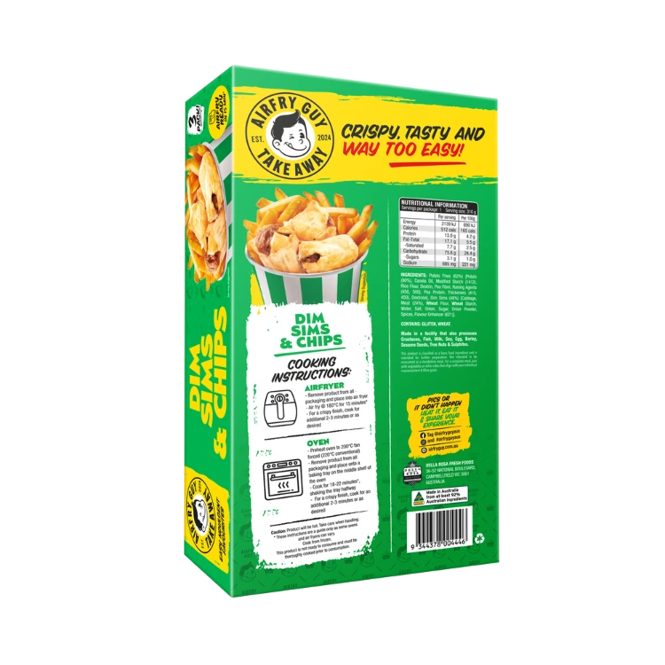 Air Fry Guy Dim Sims & Chips frozen meal packaging back of pack with cooking instructions and nutrition info